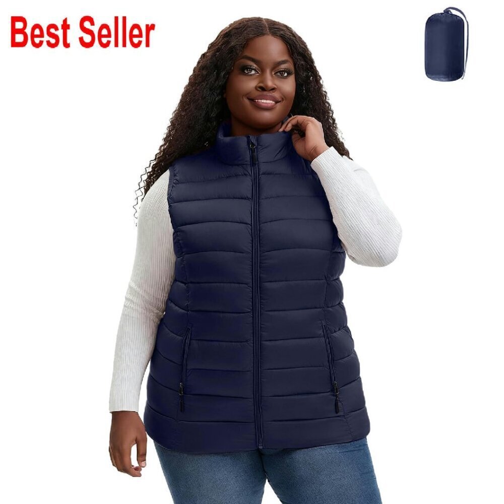 Plus Size Packable Puffer Vest Lightweight Water-Resistant Hooded Quilted Chic